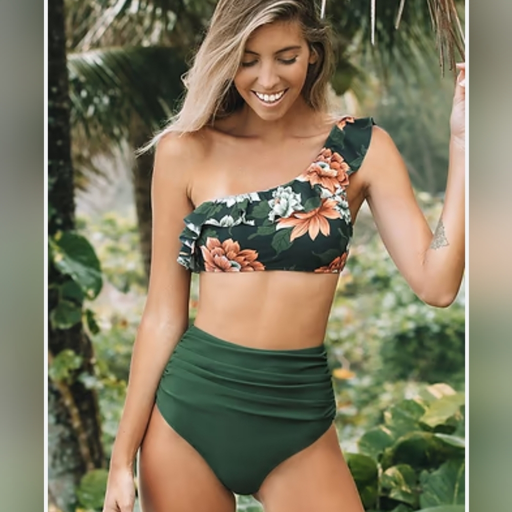 Women's Cupshe Floral One-Shoulder Ruffle Bikini Set- Size S